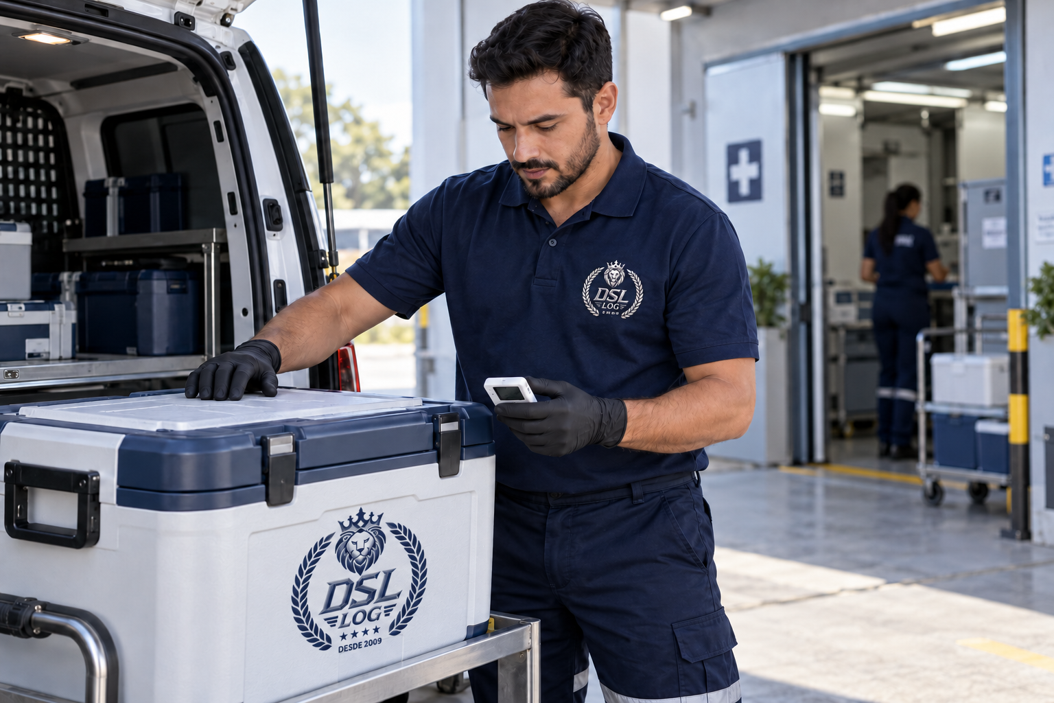 Cena ilustrativa de profissional com uniforme DSL conferindo uma caixa de transporte e um datalogger