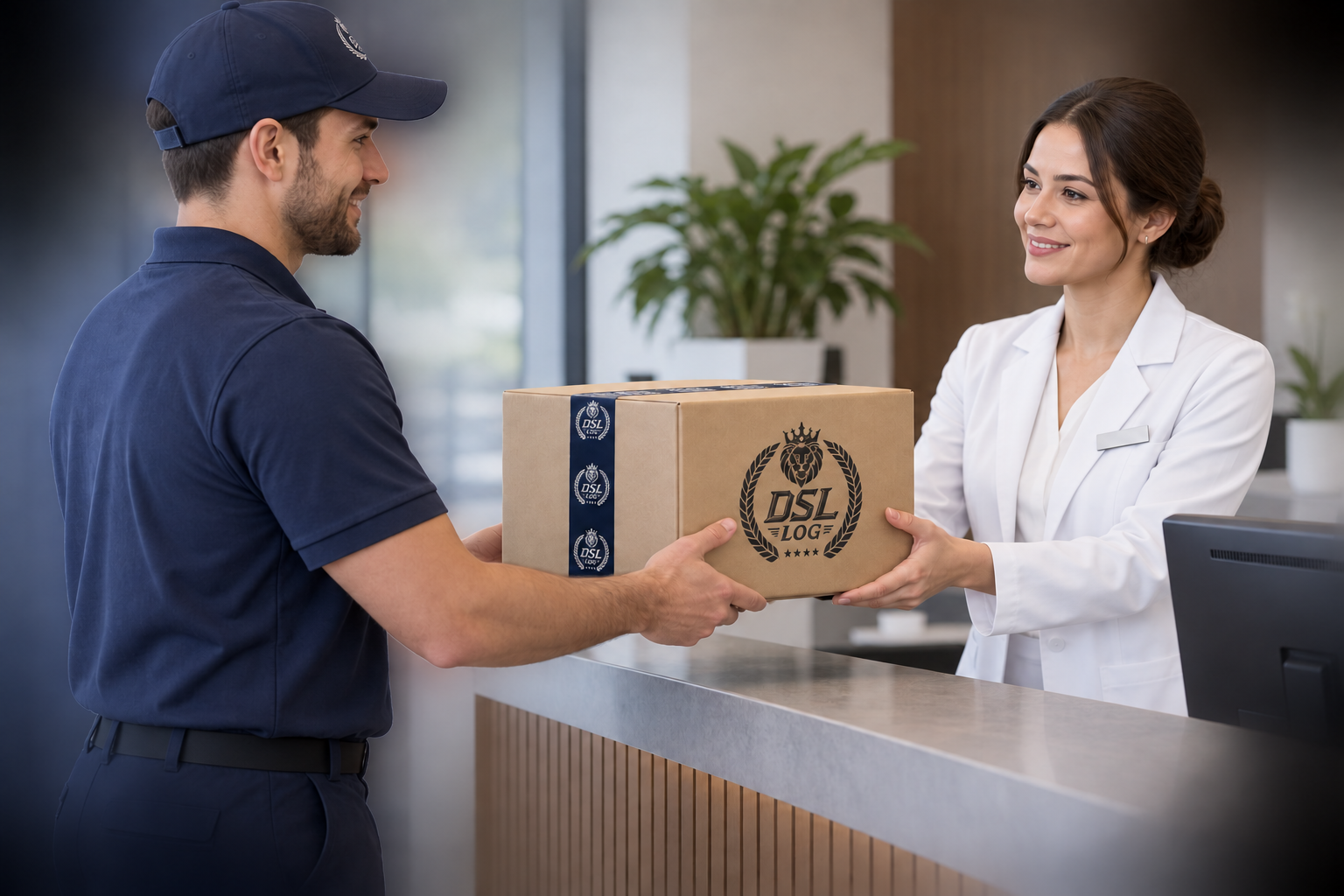 Cena ilustrativa: Entregador entregando encomenda à recepção do cliente