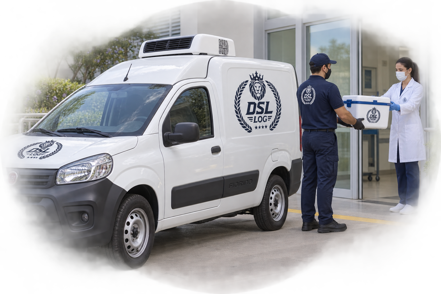 Cena ilustrativa: Fiorino refrigerada DSL realizando coleta em uma instituição de saúde