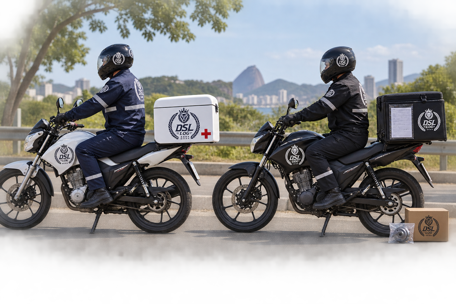 Cena ilustrativa: Duas motos DSL: baú branco para material biológico e baú preto para malotes e autopeças