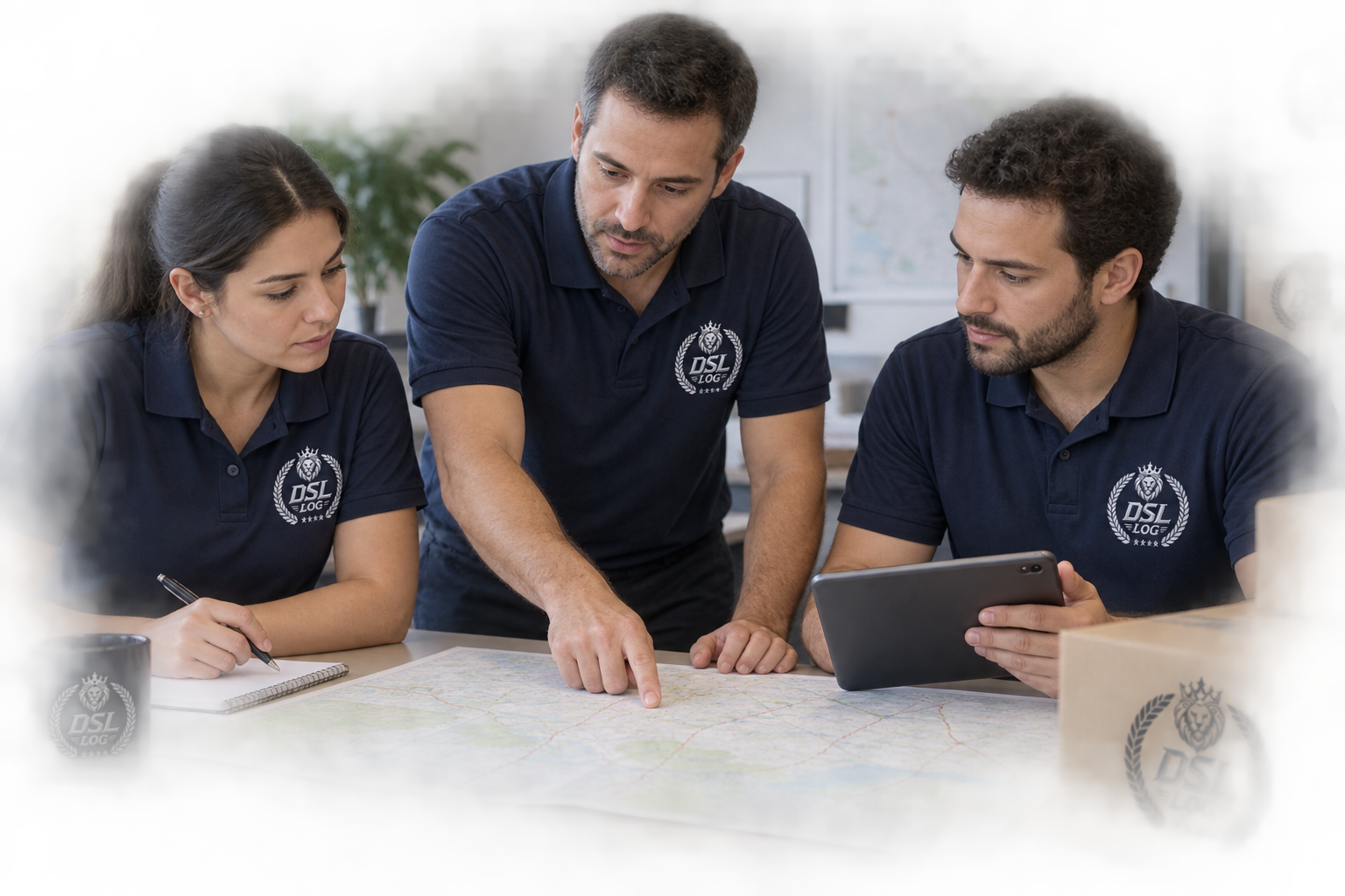 Cena ilustrativa: Equipe planejando rotas com mapa e tablet